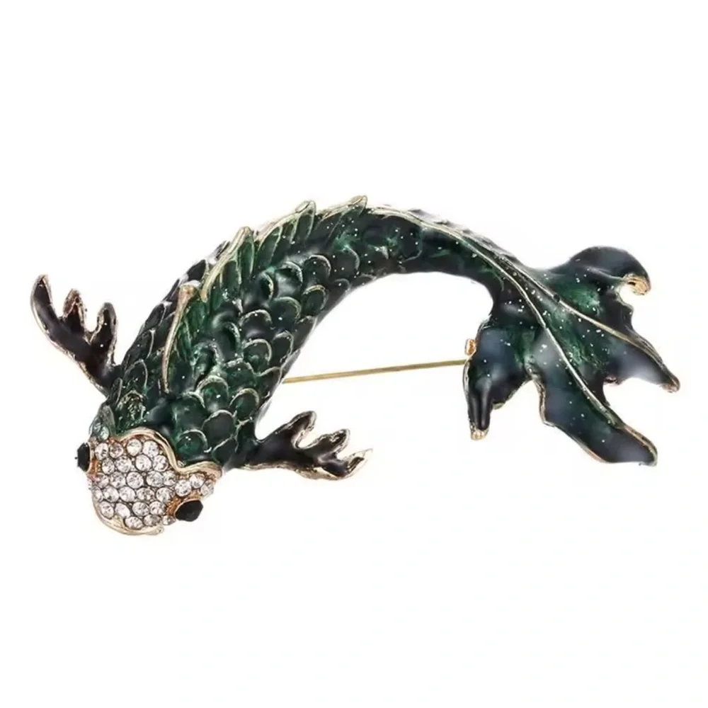 Green Fish Brooch with Rhinestones - Picture 1 of 5